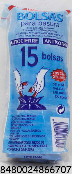 BOLSA BASURA DREP 55X60  A/CIERRE 15 UDS.